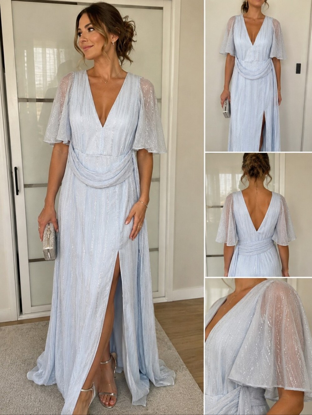 Topshop Pale Blue Silver Metallic Shimmer Maxi Dress US 10